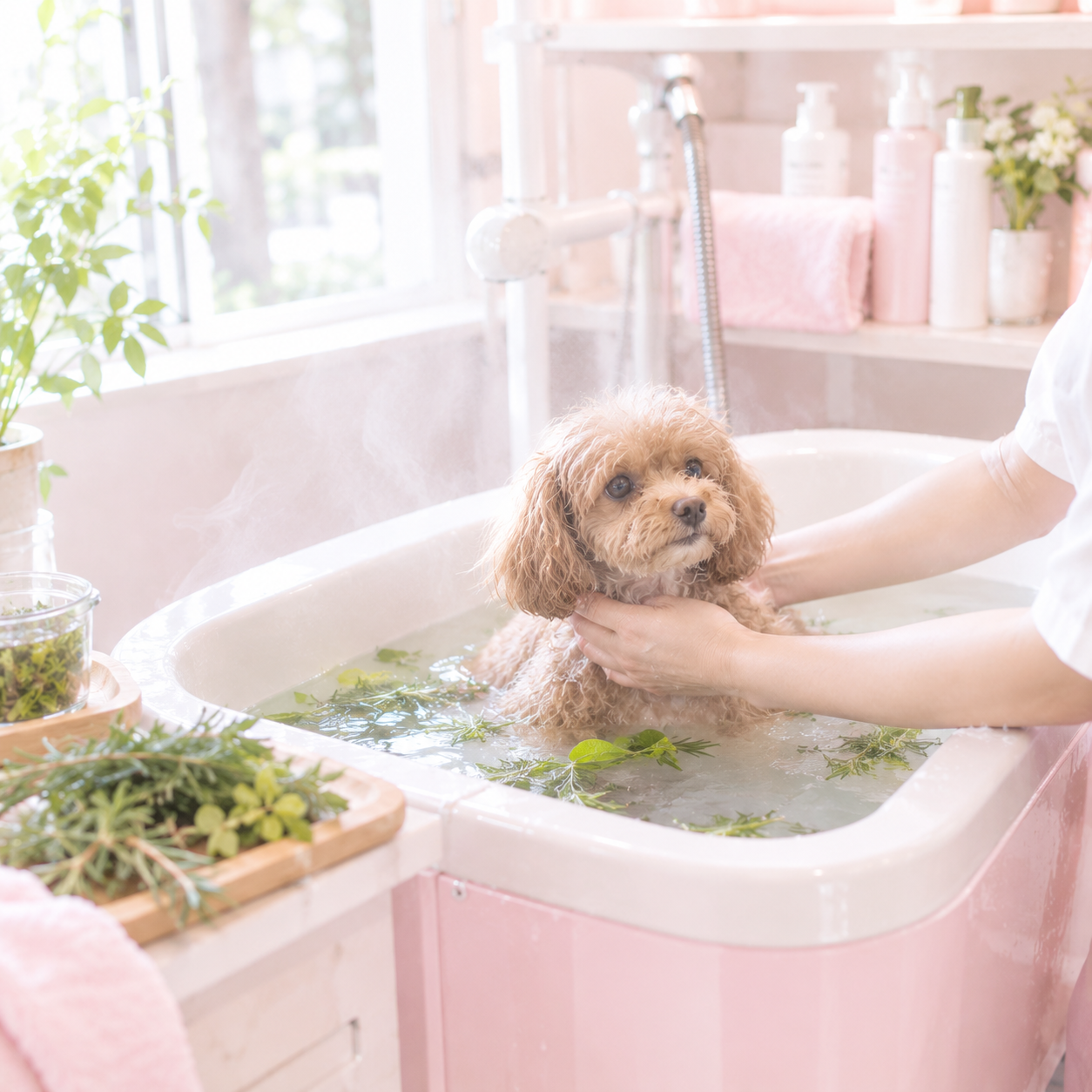 ハーブパック温浴を受ける小型犬
